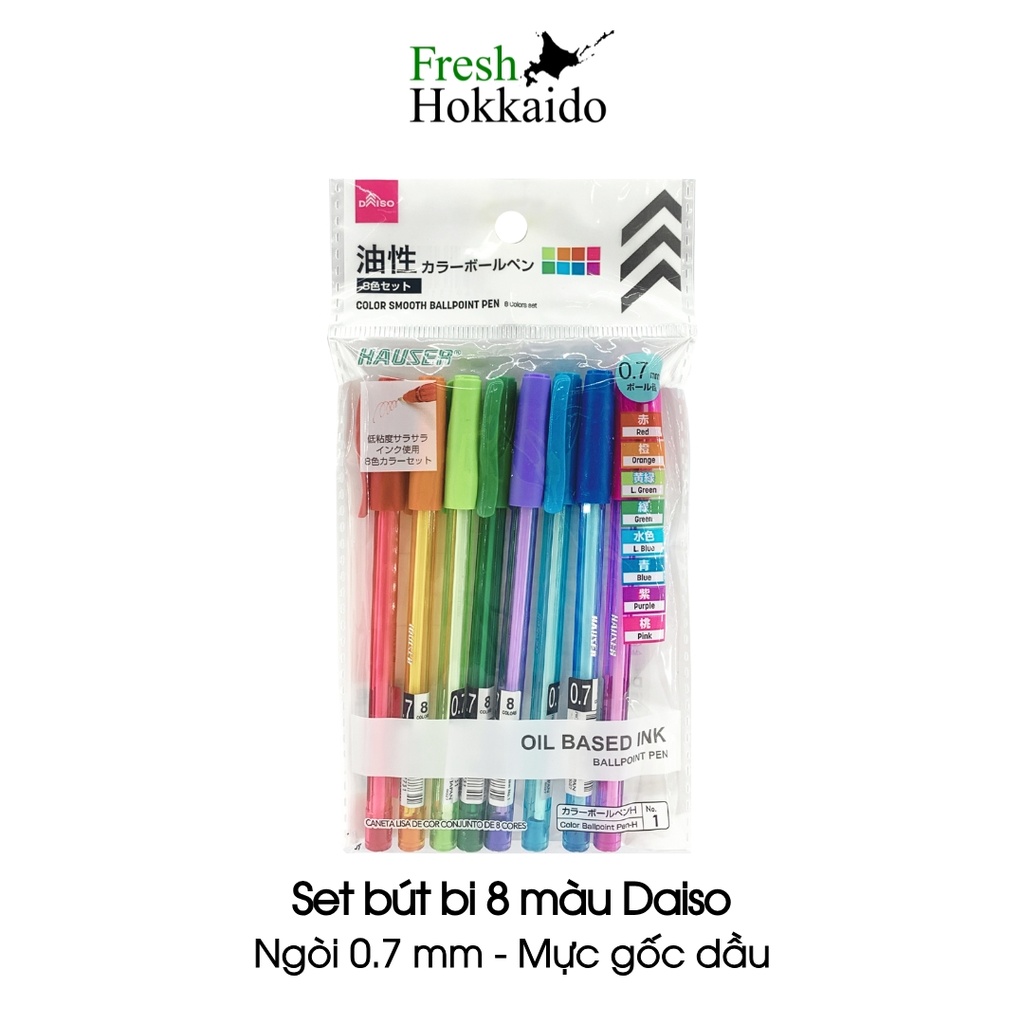 Set bút bi 8 màu Daiso - Ngòi 0.7mm - Mực gốc dầu