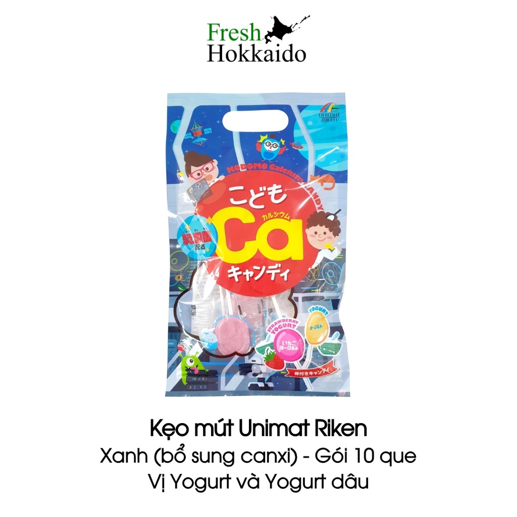 Kẹo mút Unimat Riken - Xanh (Canxi)/Vàng (DHA) - Gói 10 que