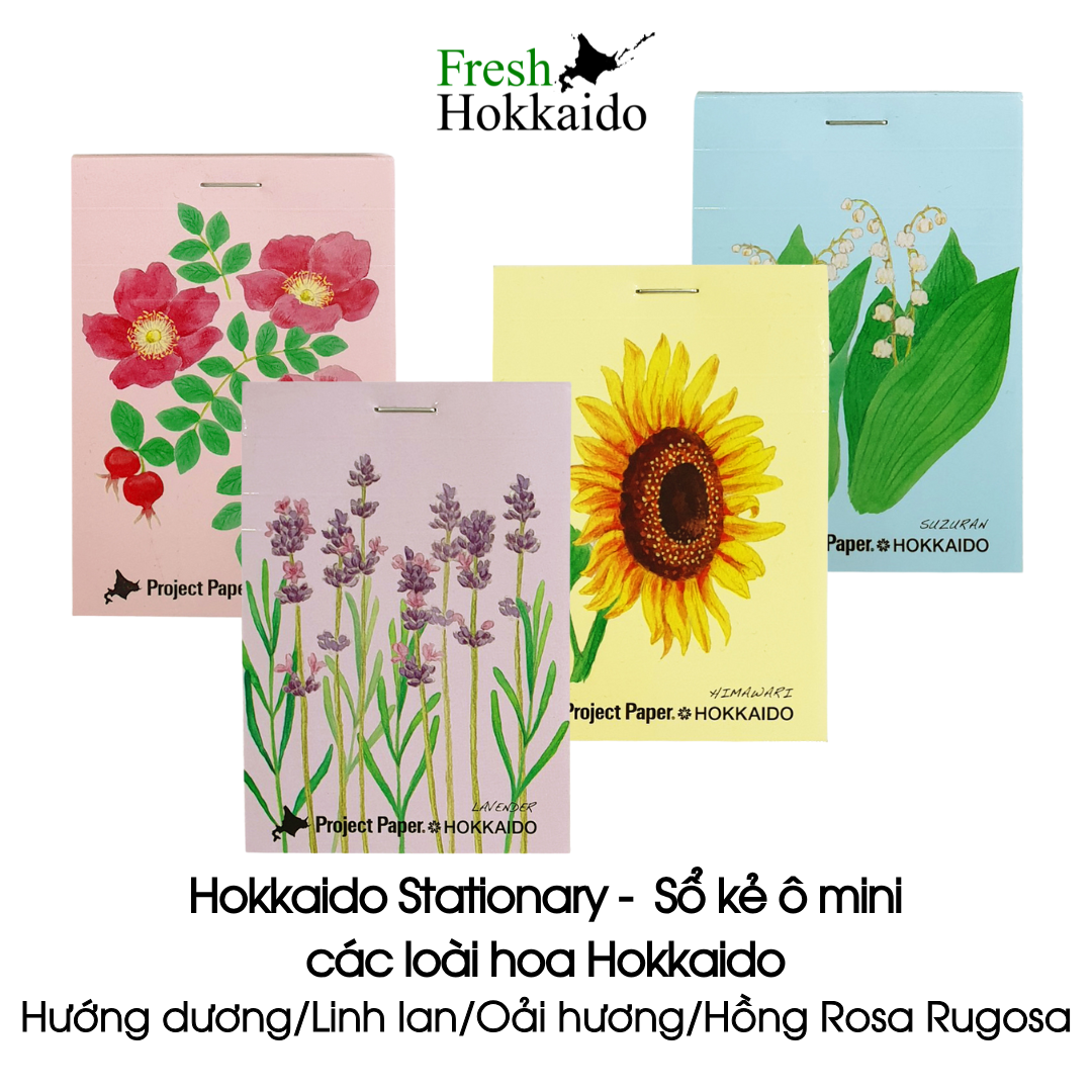 Sổ kẻ ô mini Nhật Bản hoa văn các loài hoa Hokkaido - Hướng dương/Linh lan/Oải hương/Hồng Rosa Rugosa